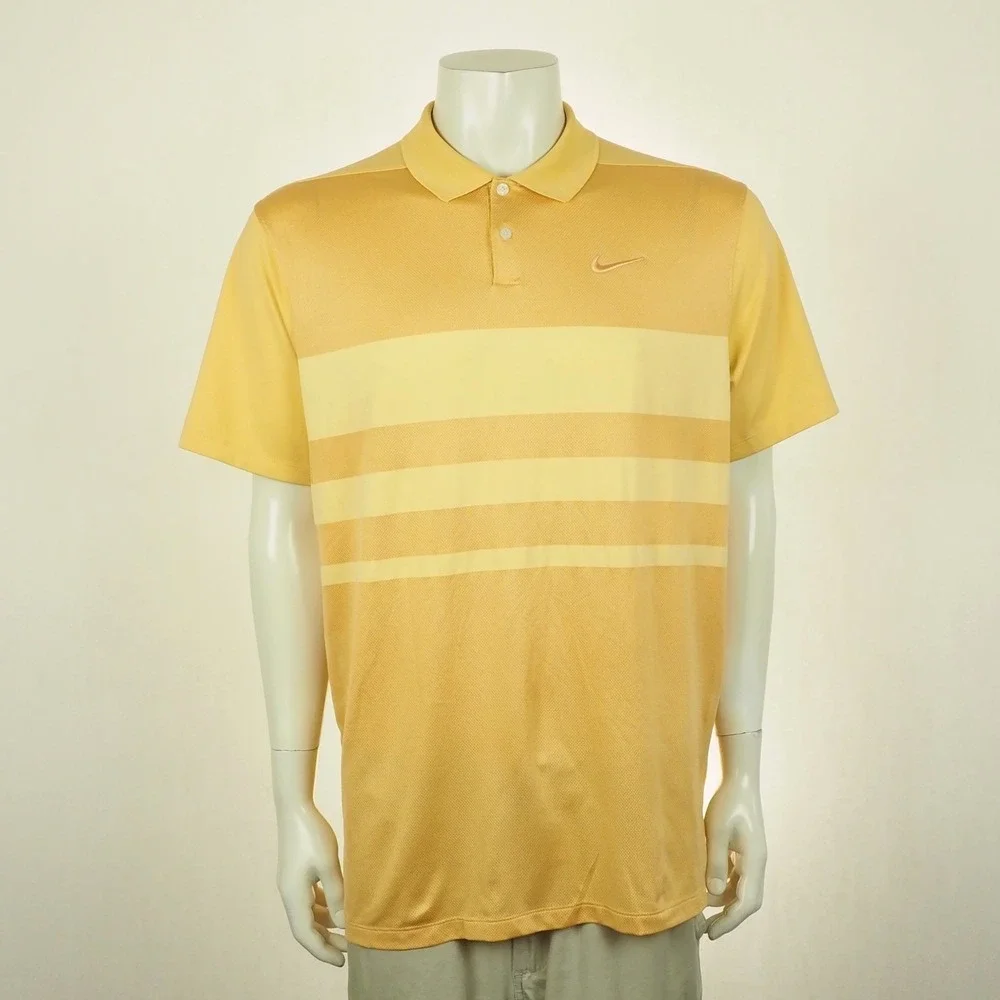 Nike Golf Vapor Polo Shirt Mens Large Yellow Striped Dri-Fit Performance Blend